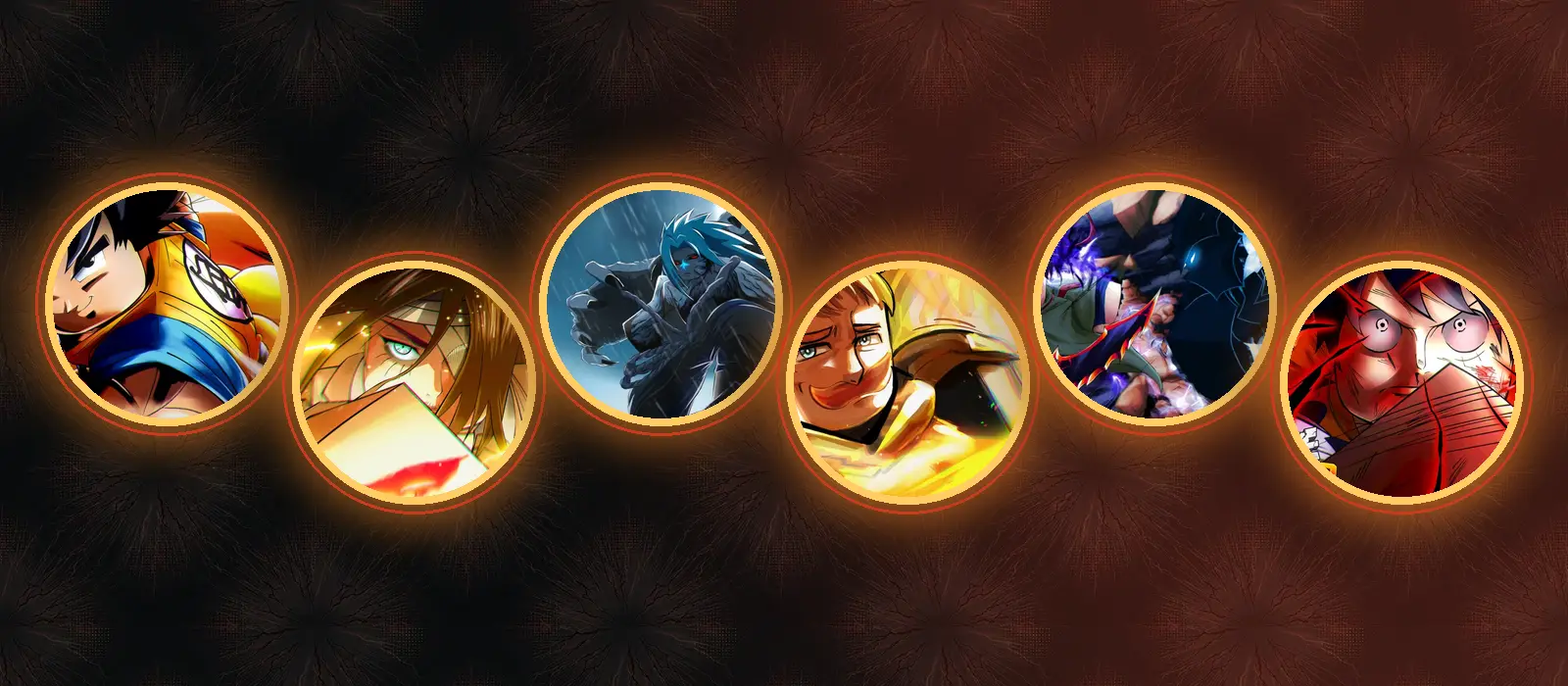 Six portal rings filled with crops of the official Anime Breaker Roblox thumbnails (decorative collage made by this site)