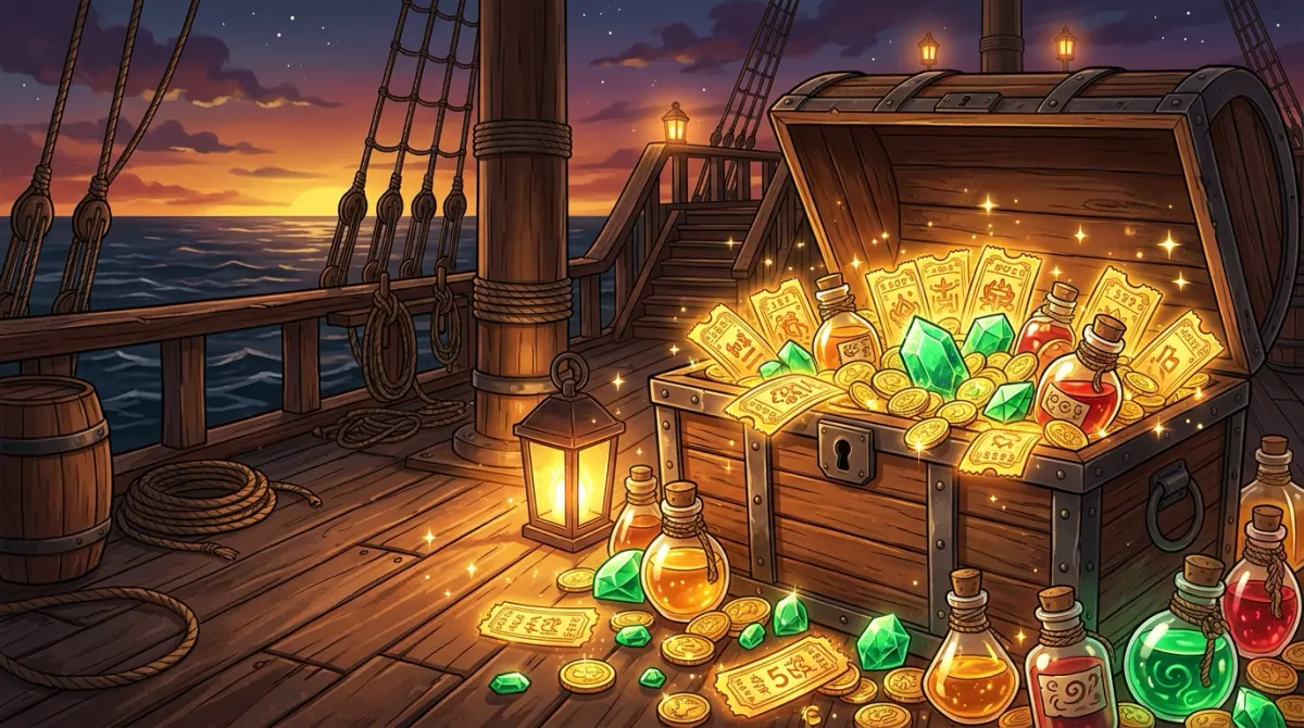Decorative AI illustration of a treasure chest with golden tickets, emeralds and potions (not a game screenshot)